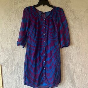 Express XS Blue & Purple Sheer Button‎ Down Dress 3/4 Sleeve Blouse